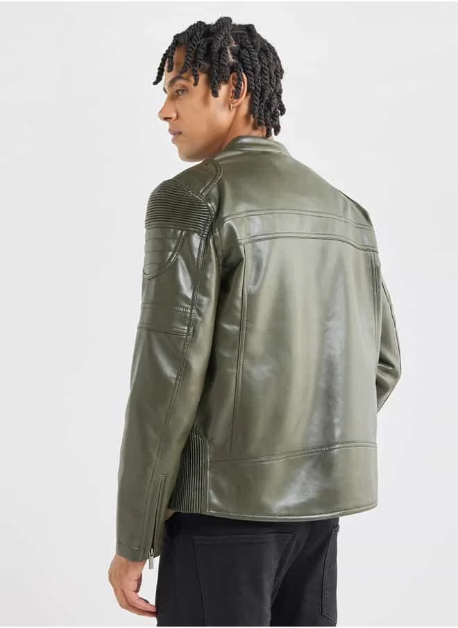 FAV Solid Biker Jacket with Long Sleeves and Pockets