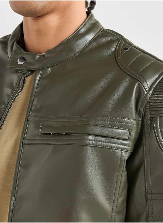 FAV Solid Biker Jacket with Long Sleeves and Pockets