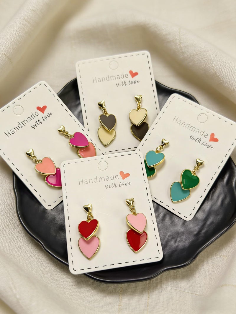 Lotsof Double Heart Drop Earrings, Gold Tone with Enamel, Valentine's Day Jewelry, Multiple Color Options (Red &Pink) - Image 4