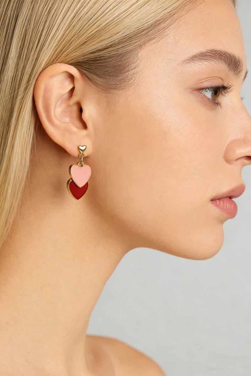 Lotsof Double Heart Drop Earrings, Gold Tone with Enamel, Valentine's Day Jewelry, Multiple Color Options (Red &Pink) - Image 3