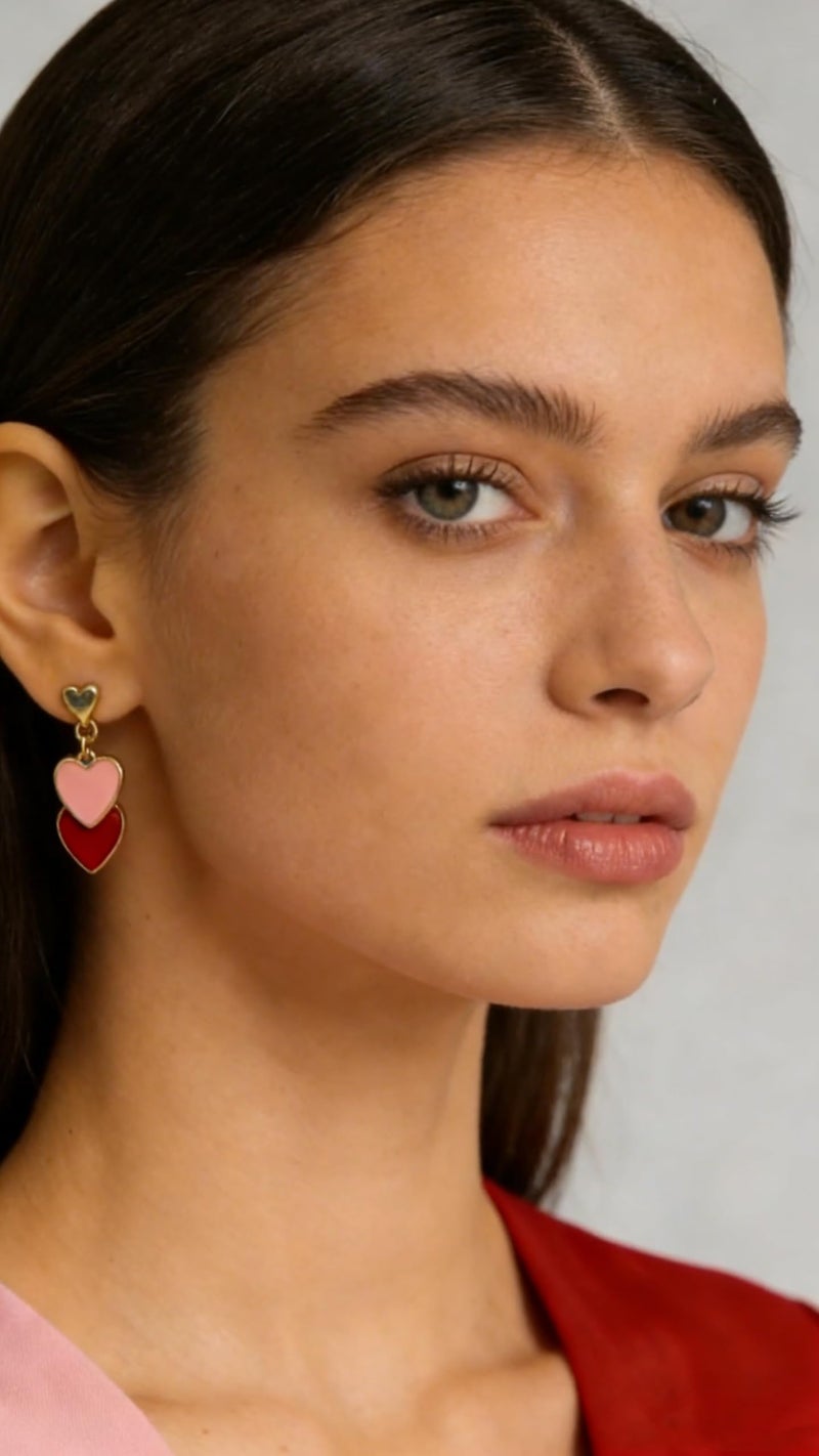 Lotsof Double Heart Drop Earrings, Gold Tone with Enamel, Valentine's Day Jewelry, Multiple Color Options (Red &Pink) - Image 2