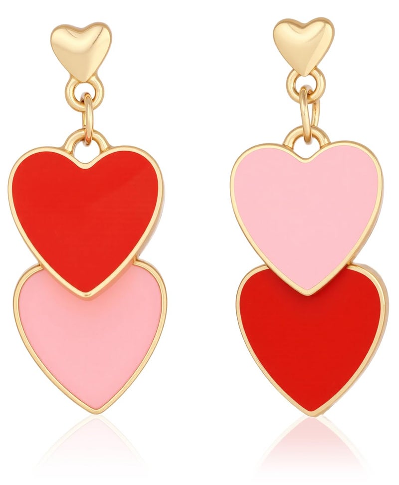 Lotsof Double Heart Drop Earrings, Gold Tone with Enamel, Valentine's Day Jewelry, Multiple Color Options (Red &Pink) - Image 1