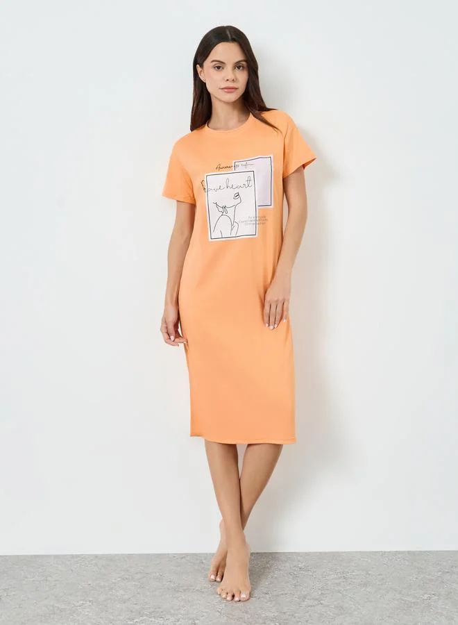 Take Two Orange Graphic Print Short Sleeve T-Shirt Dress