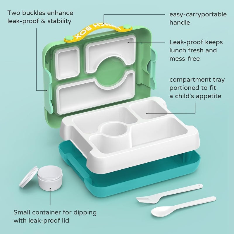 Excefore Kids Bento Box, Leak-Proof, 4-Compartment Bento-Style Lunch Box, Perfect Portion Sizes for Ages 3 to 10 - BPA-Free, Portable Handle, Dishwasher Safe, Food-Safe Materials, Tiffany Green - Image 4