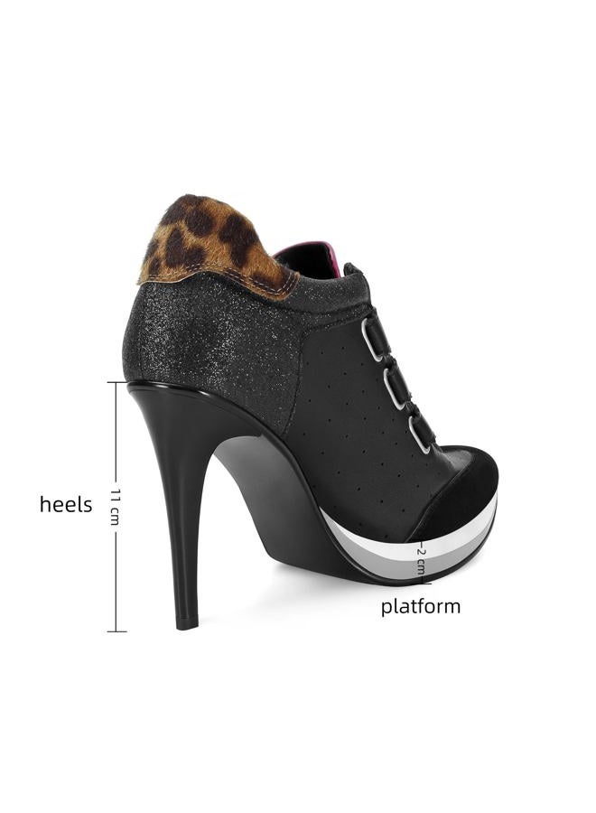 Wnshonzy Sneaker Heels for Women High Heel Suede Tennis Shoes Sport Dressy Round T-Toe Comfort Stiletto Style Fashion Hook&Loop Vintage Platform Y2k, Black, 9.5 - Image 4