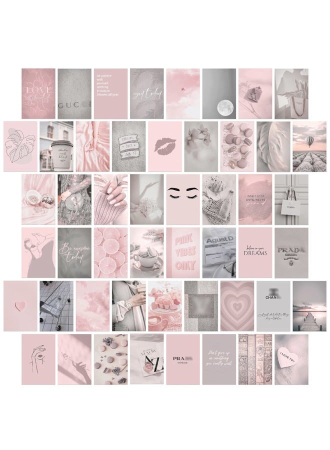 KONGSY Pink Grey Aesthetic Photo Wall Collage Kit, 50 Set 4x6 Inch Aesthetic Pictures, Girly Bedroom Decor for Teen Girls, Dusty Pink Grey VSCO Posters for Dorm Room Decor, Trendy Aesthetic Wall Art Prints - Image 1