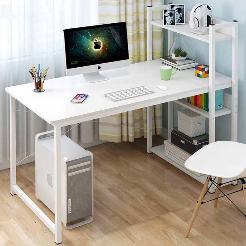 JANTENS Computer Table with Bookshelf, Home Office Desk Gaming Writing Study Table White 120 * 55 * 72 cm-H120A - Image 1