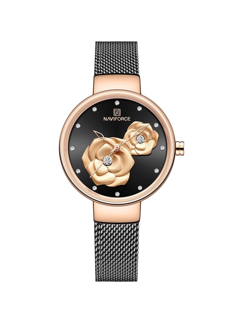 NAVIFORCE Elegant Women's Quartz Watch Stylish Round Dial with Floral Embossed Design Crystal Hour Markers Stainless Steel Mesh Strap Fashionable Timepiece for Everyday Wear and Special Occasions  - Image 1
