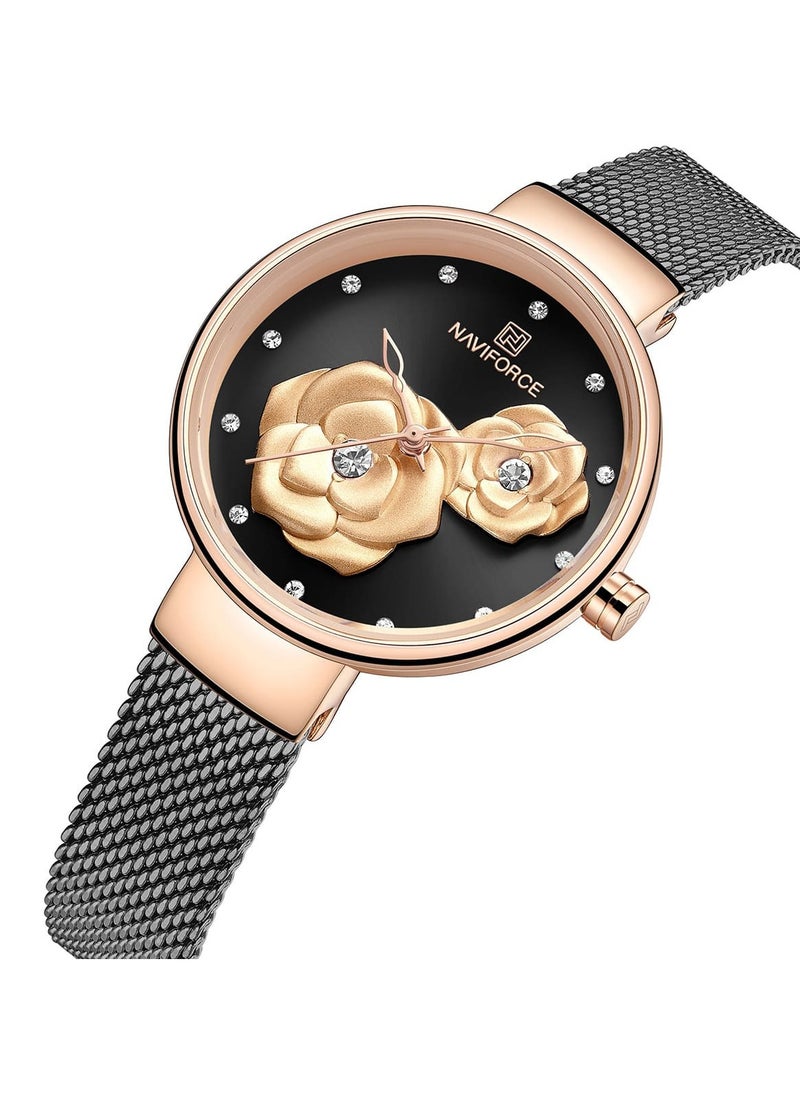 NAVIFORCE Elegant Women's Quartz Watch Stylish Round Dial with Floral Embossed Design Crystal Hour Markers Stainless Steel Mesh Strap Fashionable Timepiece for Everyday Wear and Special Occasions  - Image 2