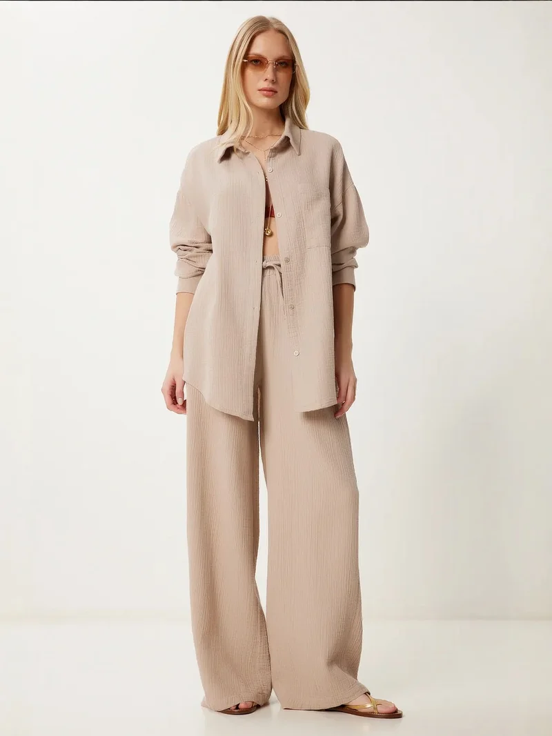 السعادة في إسطنبول ISTANBUL High Waist Wide Leg Two-Piece Co-ord Set with Shirt Collar