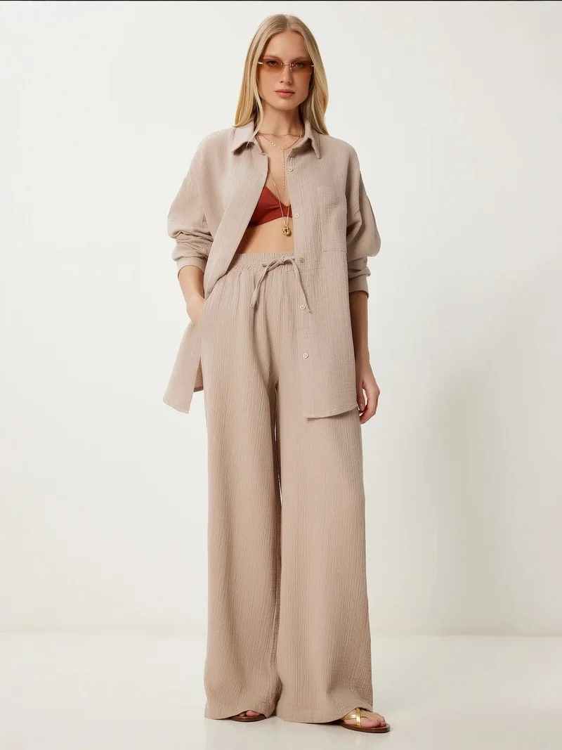 السعادة في إسطنبول ISTANBUL High Waist Wide Leg Two-Piece Co-ord Set with Shirt Collar