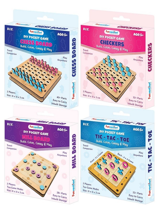 فنفينشين Funvention - لعبة تعليمية ممتعة للعائلة، مثالية لكل طفل، مكونة من 4 ألعاب سفر جيبية (إكس أو، شطرنج، لعبة الداما، لعبة الطاولة) للأطفال من سن 4 سنوات فما فوق. لعبة لوحية عائلية تعليمية ممتعة، مثالية كهدية عيد ميلاد. - Image 1