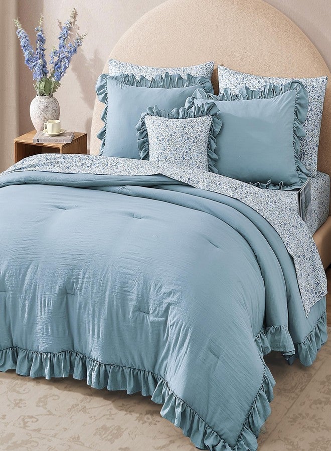 BLOOMHAVEN Full Comforter Set - 7 Pieces Ruffle Blue Bedding Sets, Shabby Chic Farmhouse Bed in a Bag Full with Ruffle Comforter, Floral Sheets, Pillowcases & Shams - Image 3