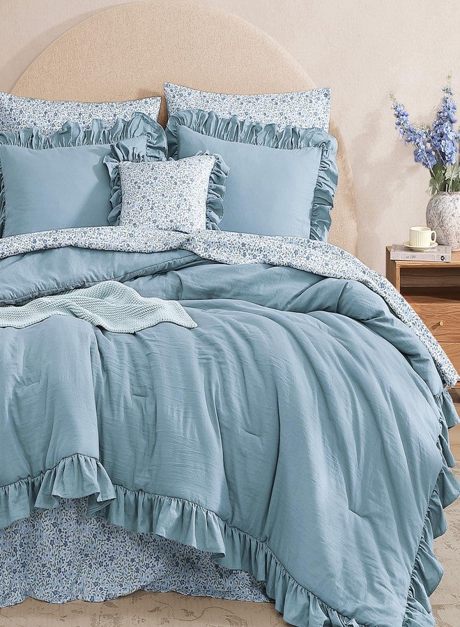 BLOOMHAVEN Full Comforter Set - 7 Pieces Ruffle Blue Bedding Sets, Shabby Chic Farmhouse Bed in a Bag Full with Ruffle Comforter, Floral Sheets, Pillowcases & Shams - Image 2