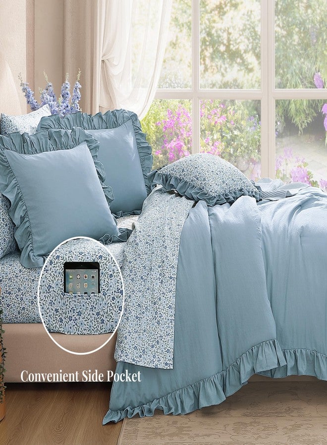 BLOOMHAVEN Full Comforter Set - 7 Pieces Ruffle Blue Bedding Sets, Shabby Chic Farmhouse Bed in a Bag Full with Ruffle Comforter, Floral Sheets, Pillowcases & Shams - Image 5