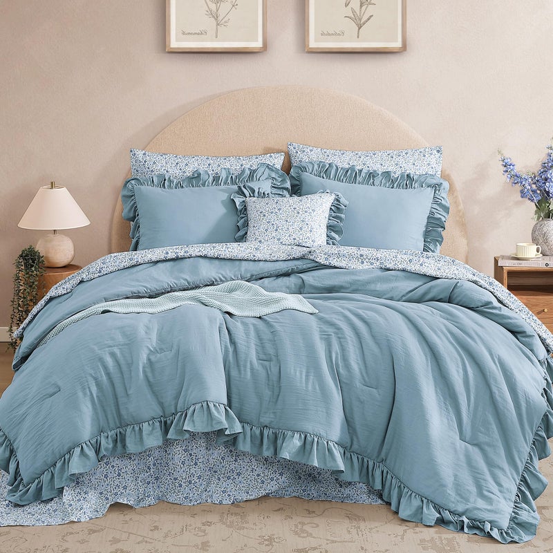 BLOOMHAVEN Full Comforter Set - 7 Pieces Ruffle Blue Bedding Sets, Shabby Chic Farmhouse Bed in a Bag Full with Ruffle Comforter, Floral Sheets, Pillowcases & Shams - Image 1