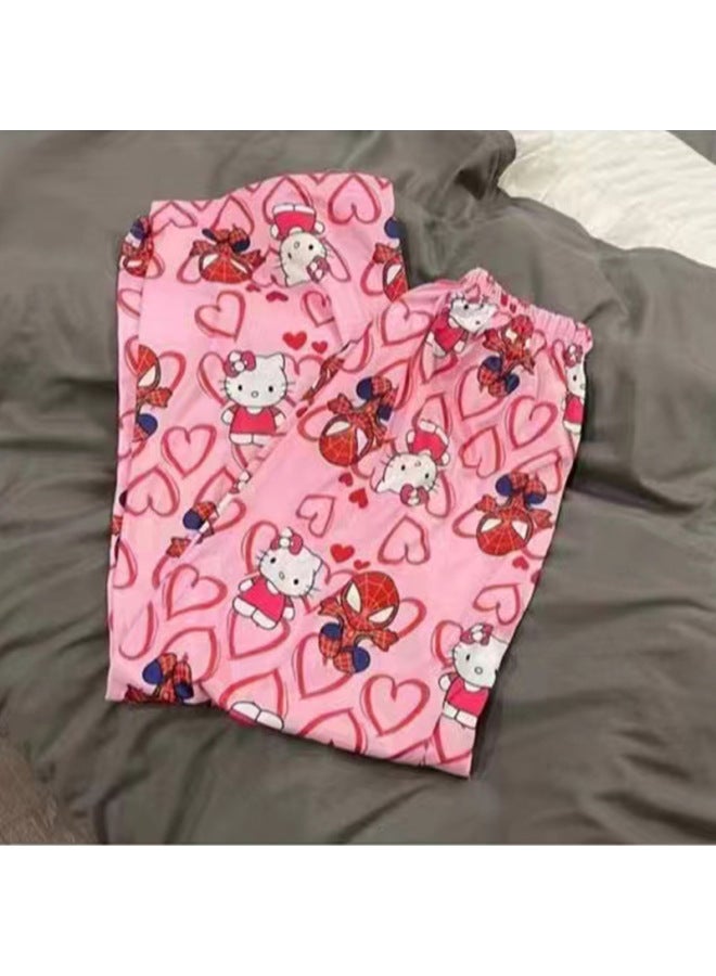 Cartoon Cat Flannel Pajamas For Women Autumn And Winter New Coral Velvet Thickeneded Fleece-lined Warm Casual Home Pants