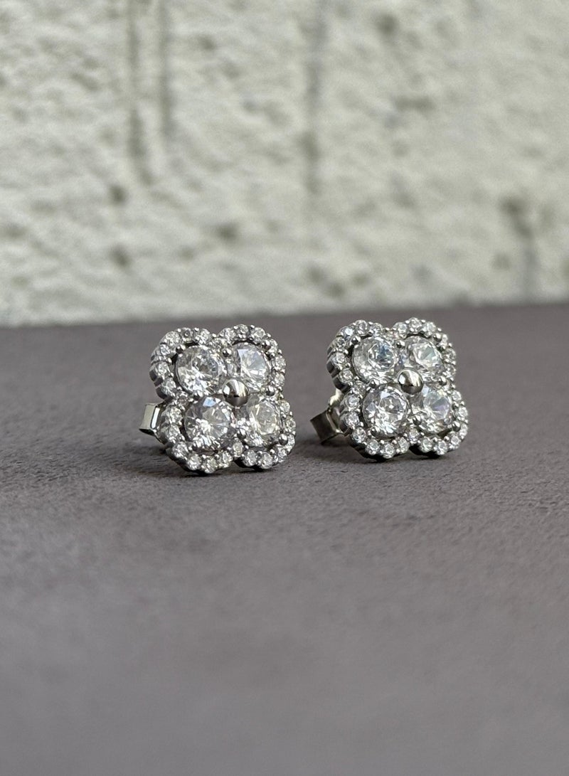 Al Kasr Jewelry Flower Shape Earrings - Intricate Design - Sterling Silver 925 with Zircon Stones - Plated Rhodium White Gold 18K  - Image 2