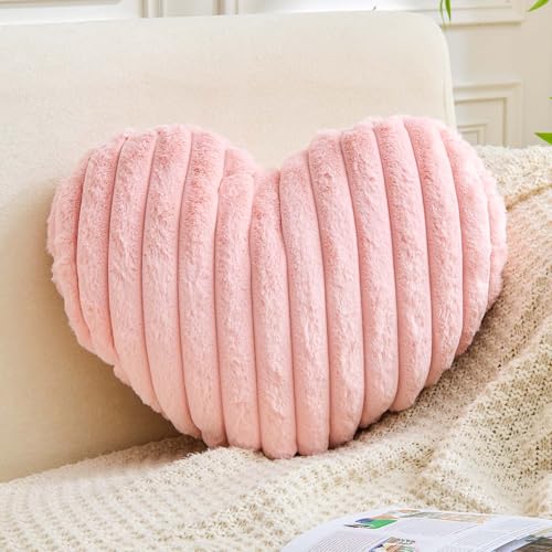 XVTRU Heart Pillows Heart Decorative Pillow Soft Fluffy Heart Shaped Pink Throw Pillows with Faux Rabbit Fur Aesthetic Room Decor Cute Small Pillow for Valentines Mothers Day - Image 1