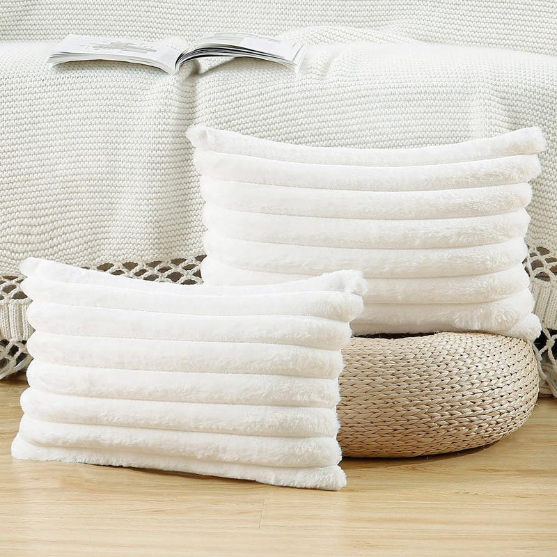 Madizz Set of 2 Faux Fur Plush Decorative Throw Pillow Covers 12x20 inch 30x50 cm Cream Fluffy Striped Soft Decorative Cushion Cover for Sofa Bedroom Pillow Shell
