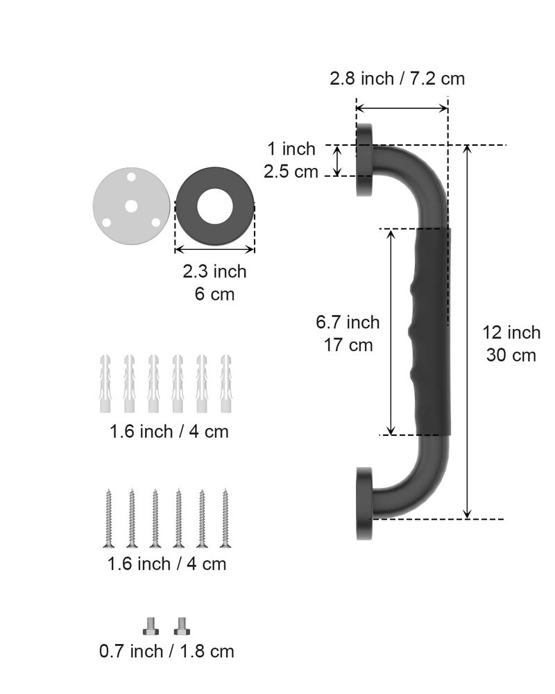 Munzong 12 Inch Black Shower Grab Bar w/Anti Slip Rubber Grip, Munzong 2 Pack Stainless Steel Bathroom Grab Bar, Bathroom Balance Bar,Safety Handrail Support,Handicap Injury Elderly Senior Assist Bath Handle - Image 2