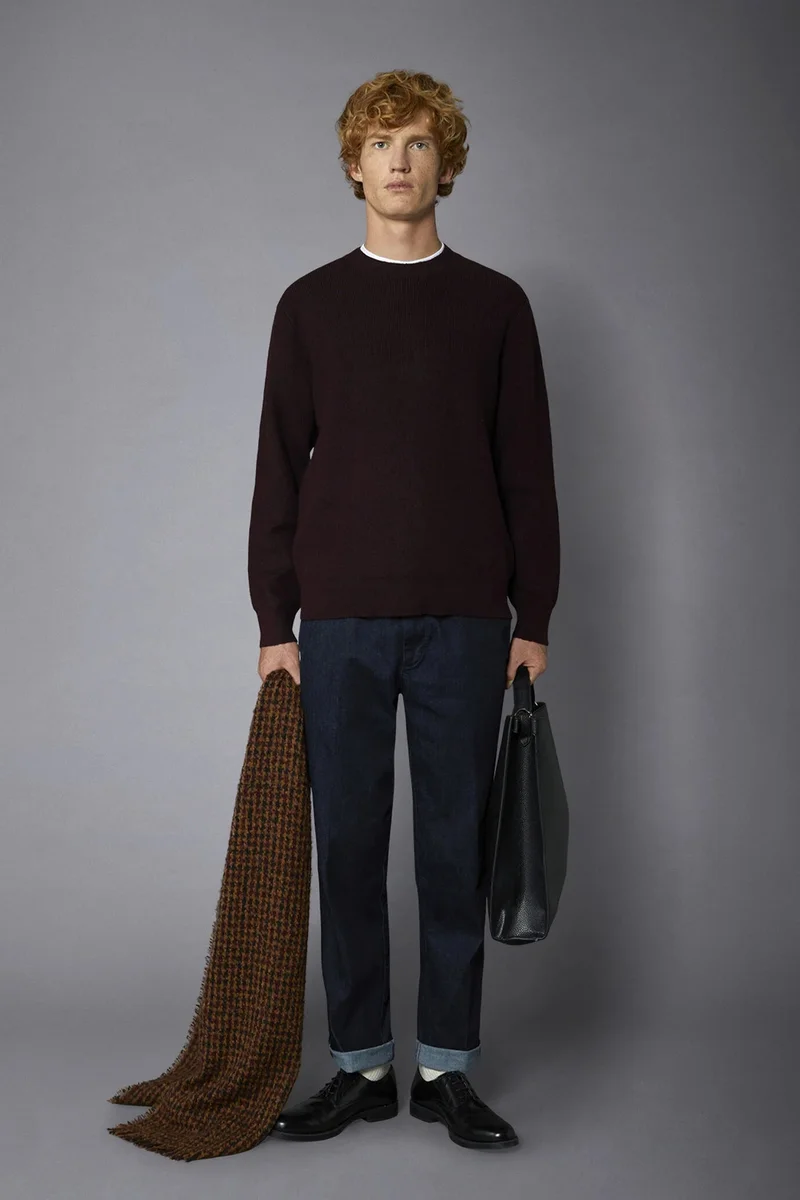 Men's roundneck sweater with English rib knitting regular fit - Bordeaux