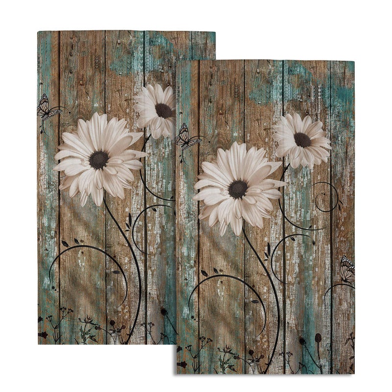 Rustic Barn Sunflower Wooden Hand Towel 15x30 Set of 2 Fall Daisy Flower Teal Turquoise Brown Plank Fingertip Towel Retro Board Face Towel Country Barnwood Washcloth for Bathroom Farmhouse Log Cabin