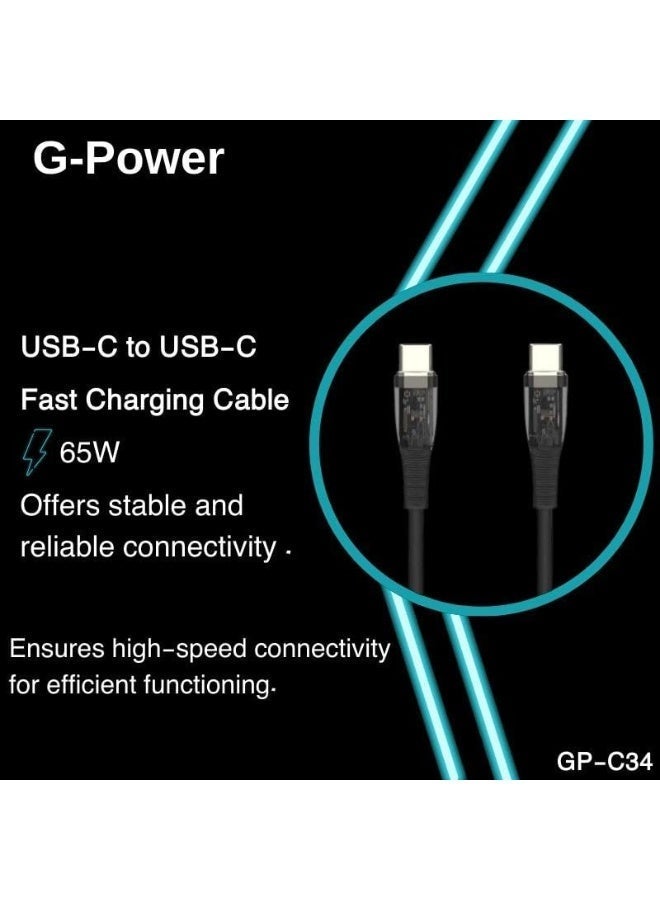جي باور كابل شحن سريع G-Power GP-C34 (USB-C إلى USB-C) بقوة 65 واط، متوافق مع سلسلة آيفون 15، وسلسلة سامسونج جالاكسي ونوت، وهواتف جوجل بيكسل، طول 1.2 متر - أسود - Image 2