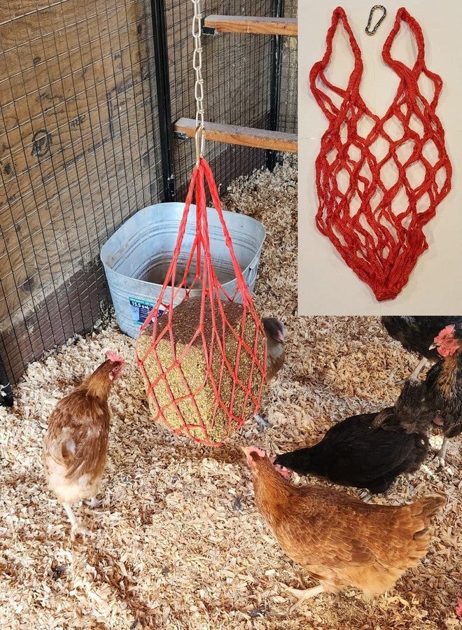 Muzzys RED Chicken Coop Flock Block Bird Seed Hanging Bag Veggie Treat Holder - Poultry Feeder Toy Accessories Cabbage Bowl Sack - Holds 25 lb Pound Bird Seed Blocks, Poultry Run Wildlife Feeder - Image 1