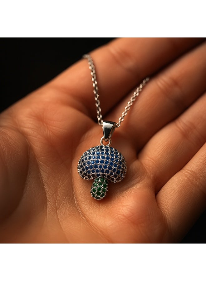 3Diamonds Cute Mushroom Pendant Necklace – Blue & Green Crystal Charm on Silver Chain - Image 3
