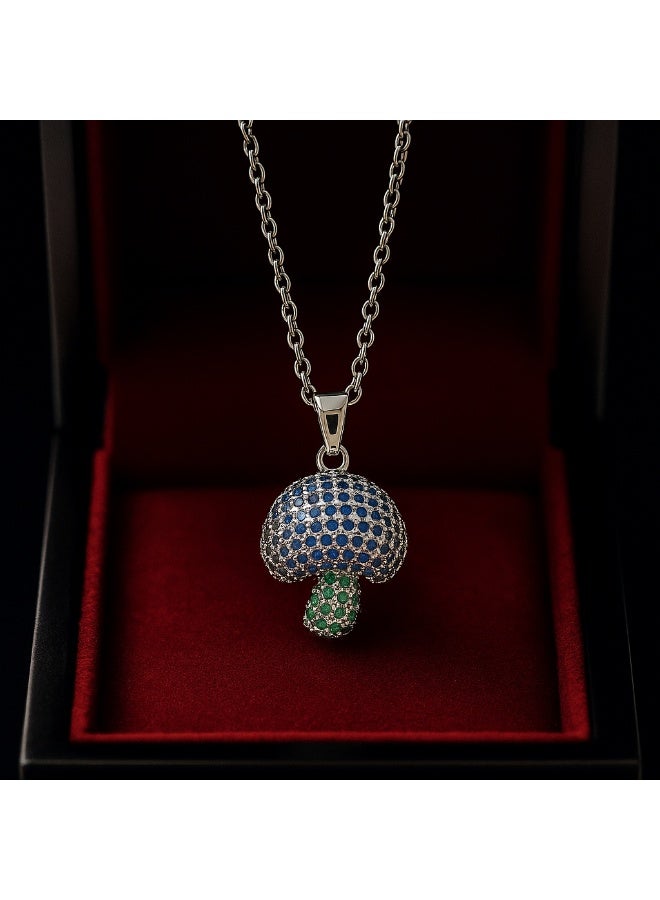 3Diamonds Cute Mushroom Pendant Necklace – Blue & Green Crystal Charm on Silver Chain - Image 1