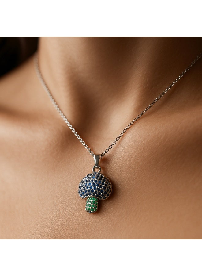 3Diamonds Cute Mushroom Pendant Necklace – Blue & Green Crystal Charm on Silver Chain - Image 4