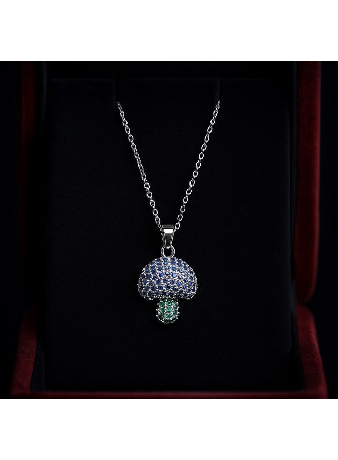 3Diamonds Cute Mushroom Pendant Necklace – Blue & Green Crystal Charm on Silver Chain - Image 2