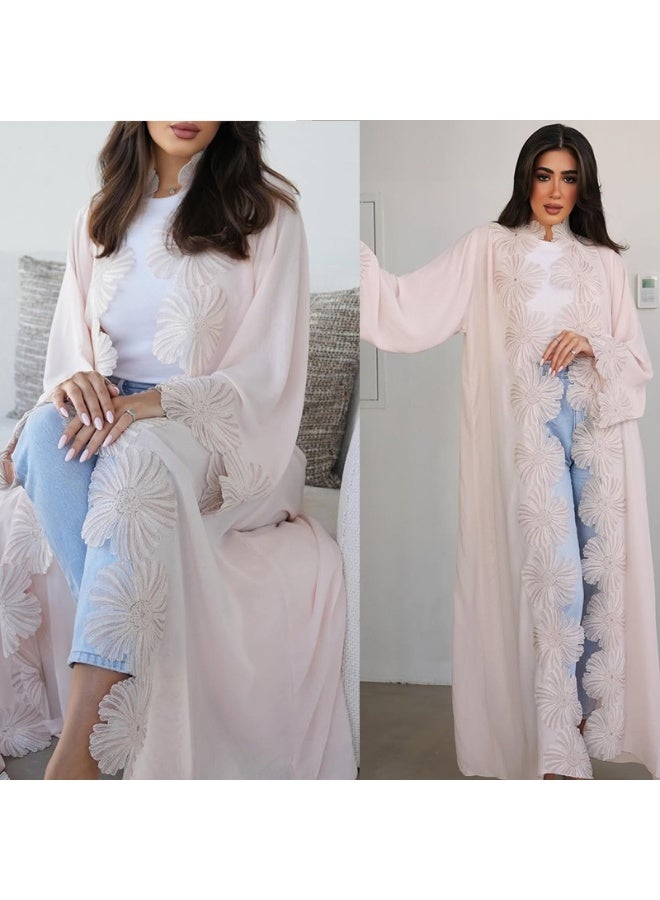 عباية نسائية باللون العاجي مزينة بزهور بارزة بتصميم كيمونو مفتوح طويل وأنيق لإطلالة محتشمة - Image 2