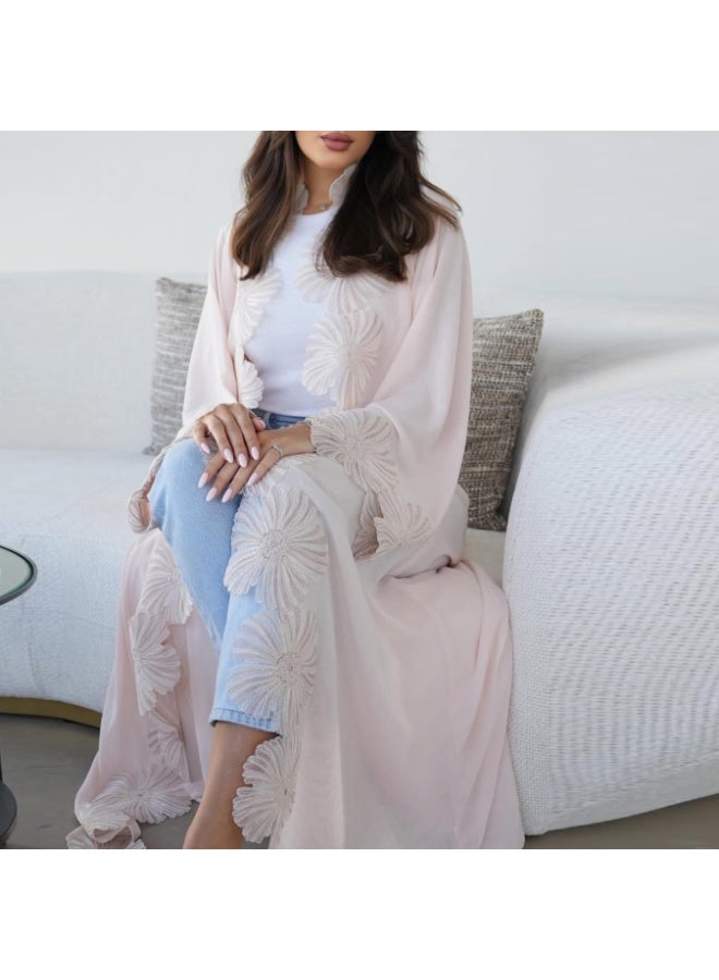 عباية نسائية باللون العاجي مزينة بزهور بارزة بتصميم كيمونو مفتوح طويل وأنيق لإطلالة محتشمة - Image 4