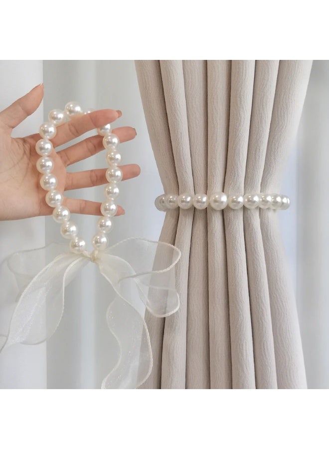 Goolsky 2pcs Ribbon Faux Pearl Curtain Tiebacks Simple Modern White Gauze Ribbon Curtain Rope Curtain Holdback For Bedroom Living Room Home Decor - Image 4