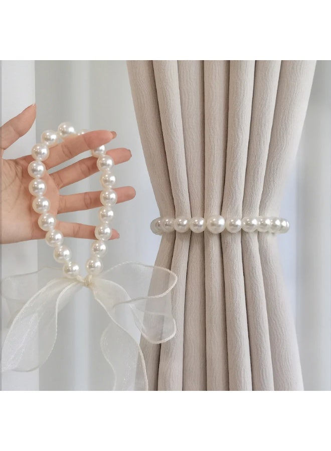 Goolsky 2pcs Ribbon Faux Pearl Curtain Tiebacks Simple Modern White Gauze Ribbon Curtain Rope Curtain Holdback For Bedroom Living Room Home Decor - Image 2