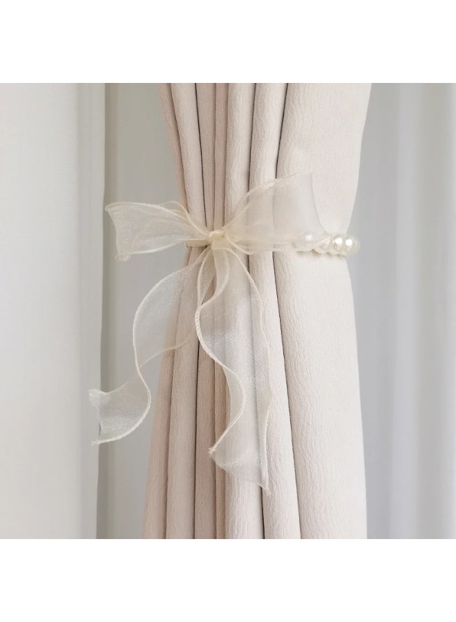 Goolsky 2pcs Ribbon Faux Pearl Curtain Tiebacks Simple Modern White Gauze Ribbon Curtain Rope Curtain Holdback For Bedroom Living Room Home Decor - Image 3