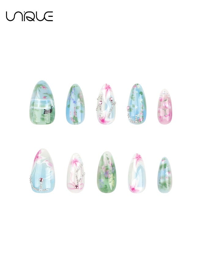 يونيك 24 قطعة أظافر مزيفة ، أظافر مكبس ، مانيكير منتصف اللوز - مانيكير على الطريقة الرعوية - مانيكير زهرة طازجة من الماس اللؤلؤي - رقعة أظافر مزيفة - Image 4