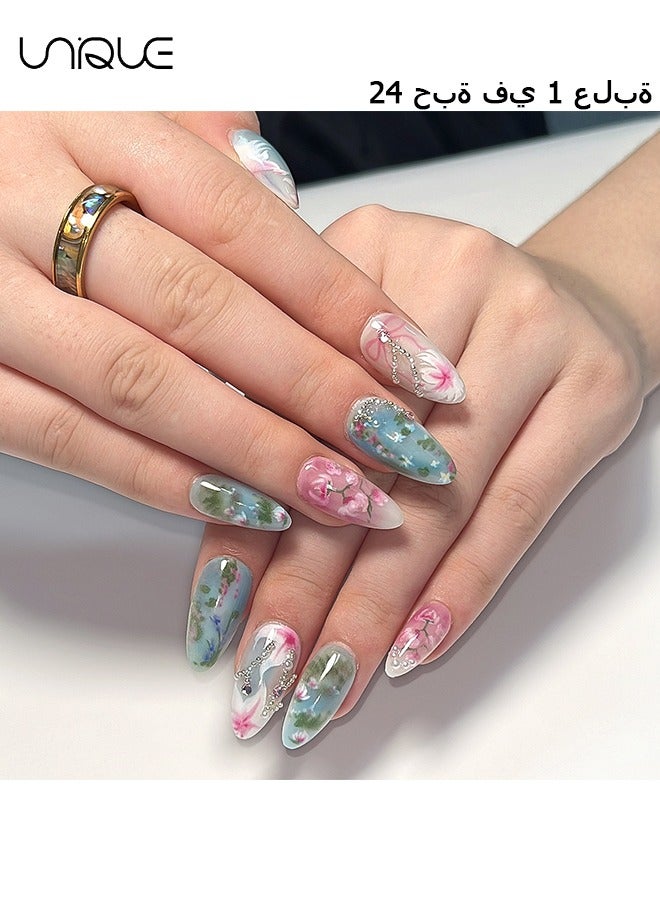 يونيك 24 قطعة أظافر مزيفة ، أظافر مكبس ، مانيكير منتصف اللوز - مانيكير على الطريقة الرعوية - مانيكير زهرة طازجة من الماس اللؤلؤي - رقعة أظافر مزيفة - Image 1