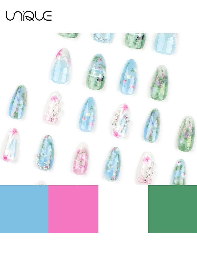 يونيك 24 قطعة أظافر مزيفة ، أظافر مكبس ، مانيكير منتصف اللوز - مانيكير على الطريقة الرعوية - مانيكير زهرة طازجة من الماس اللؤلؤي - رقعة أظافر مزيفة - Image 2