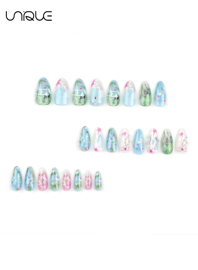 يونيك 24 قطعة أظافر مزيفة ، أظافر مكبس ، مانيكير منتصف اللوز - مانيكير على الطريقة الرعوية - مانيكير زهرة طازجة من الماس اللؤلؤي - رقعة أظافر مزيفة - Image 3