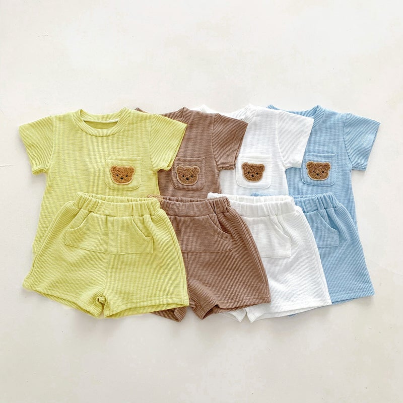 2023 Korean Style ins Childrens Summer Bear Suit Mens and Womens Short-sleeved Shorts Simple Casual Two-piece Set Yellowish Green  - Image 4
