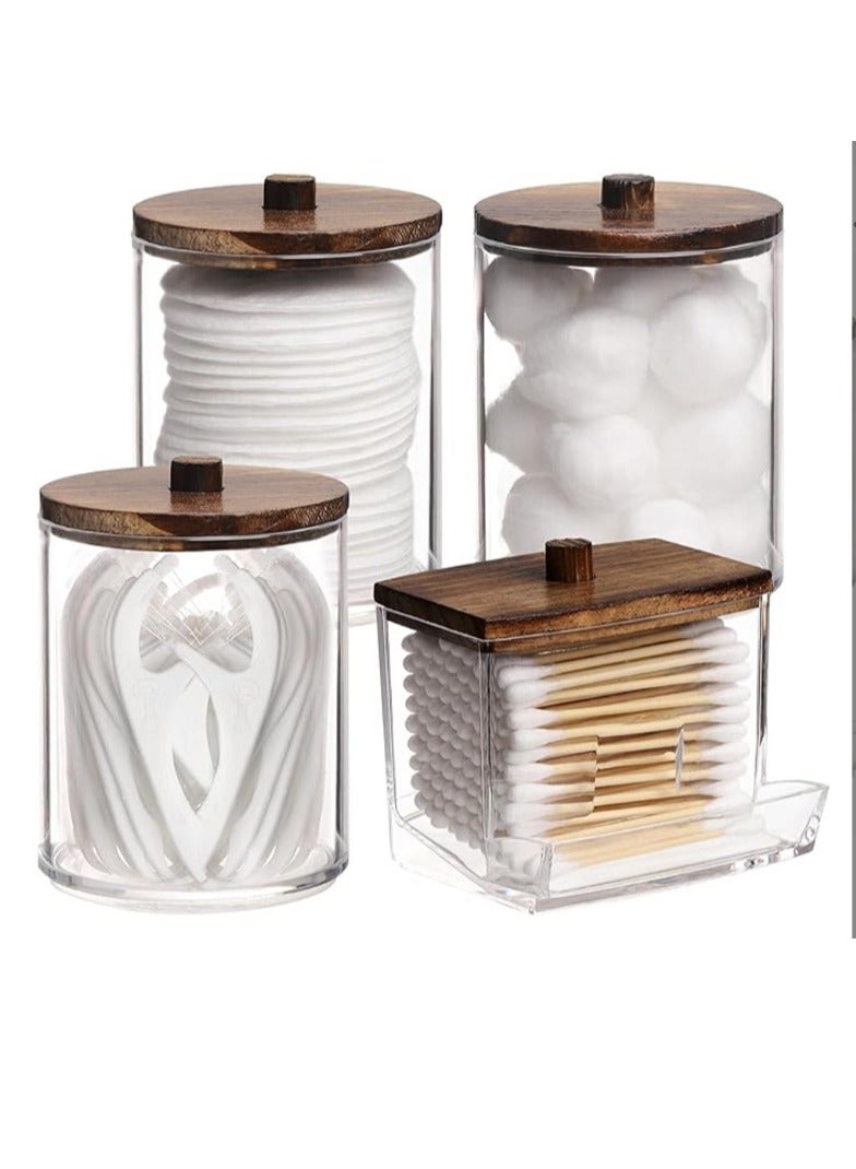 OASIS-TH 4 Packs Bathroom Jars Qtip Holder, Apothecary Jars, Acrylic Cotton Ball Holder, Clear Bathroom Canisters with Wooden Lids For Cotton Swab Cotton Brush - Image 1