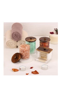 OASIS-TH 4 Packs Bathroom Jars Qtip Holder, Apothecary Jars, Acrylic Cotton Ball Holder, Clear Bathroom Canisters with Wooden Lids For Cotton Swab Cotton Brush  - Image 2