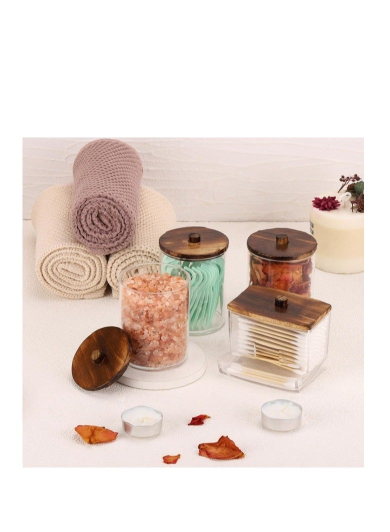OASIS-TH 4 Packs Bathroom Jars Qtip Holder, Apothecary Jars, Acrylic Cotton Ball Holder, Clear Bathroom Canisters with Wooden Lids For Cotton Swab Cotton Brush - Image 2