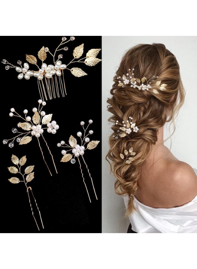 4 Pieces Bridal Wedding Hair Pins, Gold Leaf Hair Pins, Crystal Pearl Flower Hair Forks Vintage Bridal Hair Accessories Wedding Hair Clips Headpiece for Brides Bridesmaids Flower Women and Girls - Image 1