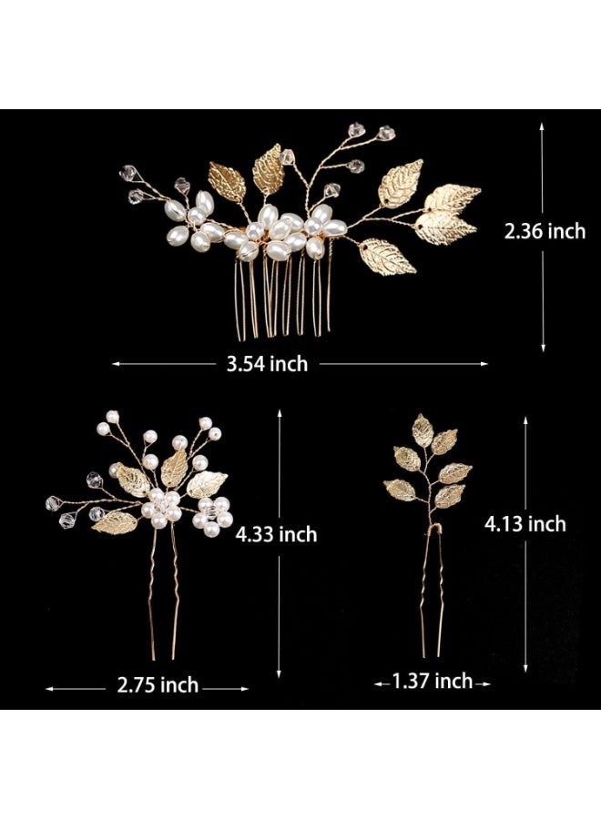 4 Pieces Bridal Wedding Hair Pins, Gold Leaf Hair Pins, Crystal Pearl Flower Hair Forks Vintage Bridal Hair Accessories Wedding Hair Clips Headpiece for Brides Bridesmaids Flower Women and Girls - Image 2