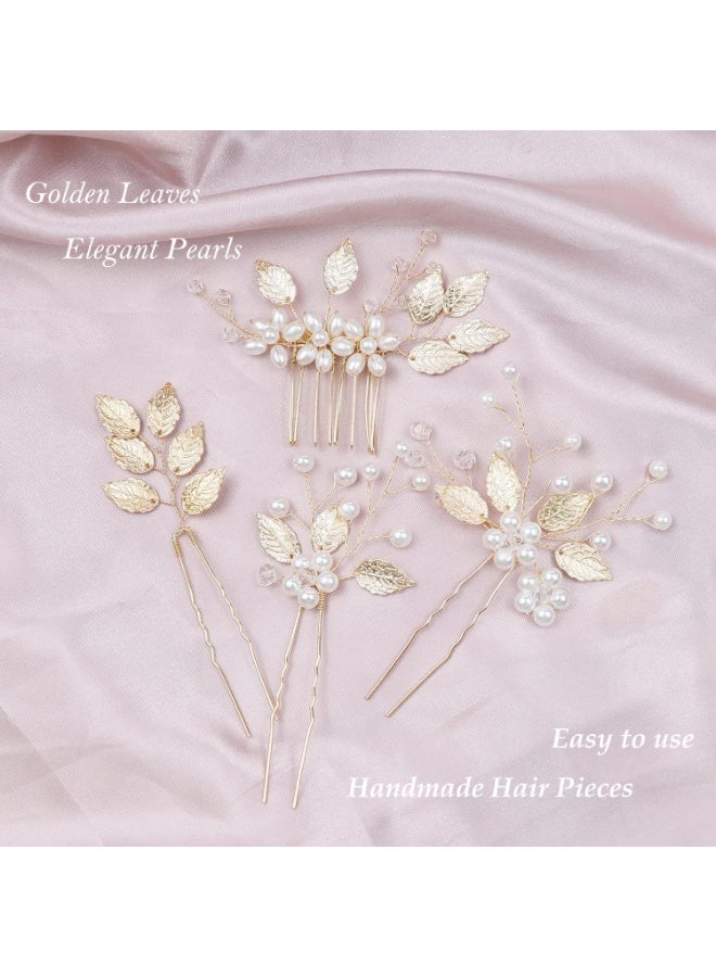 4 Pieces Bridal Wedding Hair Pins, Gold Leaf Hair Pins, Crystal Pearl Flower Hair Forks Vintage Bridal Hair Accessories Wedding Hair Clips Headpiece for Brides Bridesmaids Flower Women and Girls - Image 3