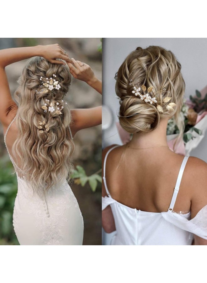 4 Pieces Bridal Wedding Hair Pins, Gold Leaf Hair Pins, Crystal Pearl Flower Hair Forks Vintage Bridal Hair Accessories Wedding Hair Clips Headpiece for Brides Bridesmaids Flower Women and Girls - Image 4